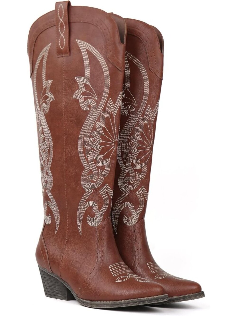 Women's Brown Pointed Toe Block Heel Classic Embroidered Western Knee High Boot - Picture 5 of 5